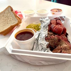Li'L Armadillo Bar-B-Que & More - 3 meat plate, double brisket, single sausage, look at that smoke ring!  Delicious!