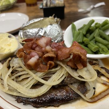 Jake's Cafe - Liver and onions with bacon, green beans, and baked potato. - American Near Me - Ritzville, Washington