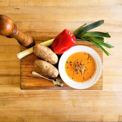 Pino Alto Restaurant & Catering - Leek and Potato Soup with Roasted Red Pepper and Crispy Shallot
