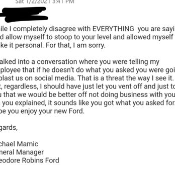 Theodore Robins Ford - This is their supposed apology. I was literally told that they would only send me the deal in writing if I removed my original review. - Car Dealers Near Me - Costa Mesa, California Theodore Robins Ford - This is their supposed apology. I was literally told that they would only send me the deal in writing if I removed my original review. - Car Dealers Near Me - Costa Mesa, California