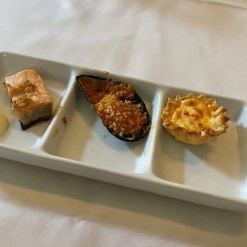 Elizabeth On 37th - Appetizer taste salmon/mussels with tomato/ cheese tart - New American Near Me - Savannah, Georgia Elizabeth On 37th - Appetizer taste salmon/mussels with tomato/ cheese tart - New American Near Me - Savannah, Georgia