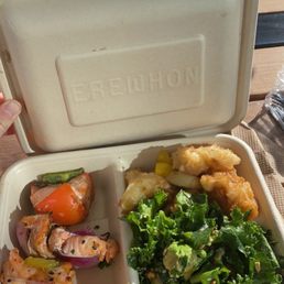 Salmon kabob with kung pao cauliflower and avocado white bean kale salad