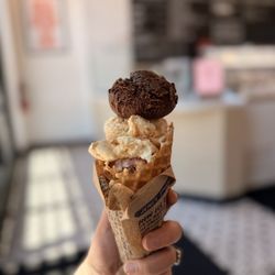 Signature in Waffle Cone (Darkest Chocolate, Sweet Cream Biscuits & Peach Jam, and Brambleberry Crisp)