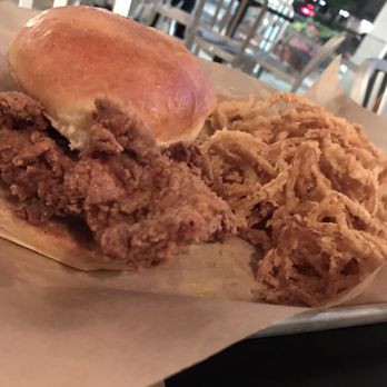 Tapester's Grill - Chicken sandwich with a side of onion strings - American Near Me - Houston, Texas