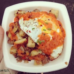 Gnocchi Me - Gnocchi breakfast hash with vodka sauce, sausage and a fried egg. @gnocchime
