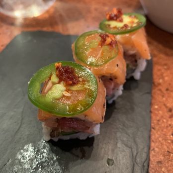 Kata Robata - Forgot the name but it had peppercorn salmon, spicy tuna, asparagus - Sushi Bars Near Me - Houston, Texas