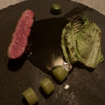 Meteora - Duck with caramelized lettuce, pumpkin seed cream, charred habanero jus - New American Near Me - Los Angeles, California Meteora - Duck with caramelized lettuce, pumpkin seed cream, charred habanero jus - New American Near Me - Los Angeles, California