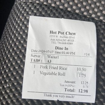 Hot Pot Chen - The bill for two items. - Chinese Near Me - Ann Arbor, Michigan