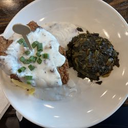Party Fowl - Chicken fried chicken with mashed potato's and gravy and collard greens.