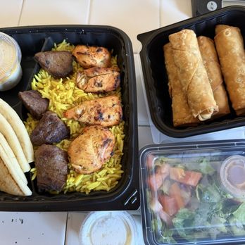 Alibaba Kabob - Combo Kabob plate (beef, chicken, rice, pita bread, and hummus), side salad, and spinach and cheese samosas. - Mediterranean Near Me - Rancho Palos Verdes, California Alibaba Kabob - Combo Kabob plate (beef, chicken, rice, pita bread, and hummus), side salad, and spinach and cheese samosas. - Mediterranean Near Me - Rancho Palos Verdes, California