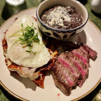 Ambar - Chilaquiles with medium rare steak. - Mexican Near Me - El Paso, Texas