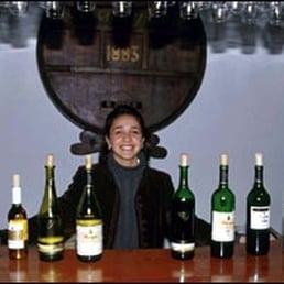 a woman sitting at a table with bottles of wine a woman sitting at a table with bottles of wine
