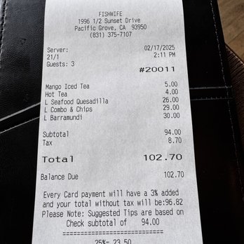 Fishwife - Bill with 3% credit card addition - Seafood Near Me - Pacific Grove, California