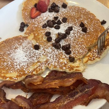 Eggsquisite Cafe - Rockwall - Minnie Mouse pancakes w/chocolate chips and bacon - Breakfast & Brunch Near Me - Rockwall, Texas
