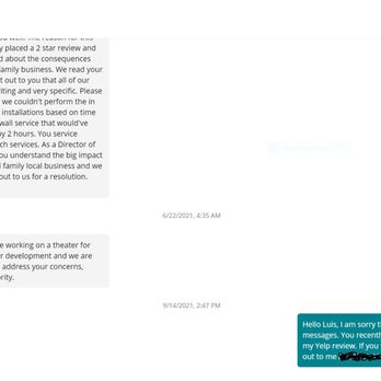 AAA NET Multimedia - I gave him my phone number to discuss the issue. He never called me. Instead he posted that I tried to extort or blackmail him. Untrue. - The image displays a Facebook message conversation between a customer and AAA NET Multimedia. The conversation includes messages from the business explaining service delays and upcoming projects, and a message from the customer addressing a negative review and requesting contact. The messages are timestamped and show the business's responses and the customer's reply, with the business's profile picture and name visible at the top. - Home Theatre Installation Near Me