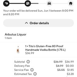 Maiden Choice Liquors - Proof of when I scheduled the delivery and when the promised delivery time was and what time it currently is
