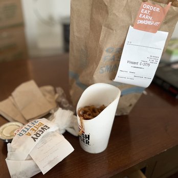 Smashburger - Truffle mushroom Swiss crispy chicken sandwich, and haystack onion order - Burgers Near Me - Peoria, Arizona Smashburger - Truffle mushroom Swiss crispy chicken sandwich, and haystack onion order - Burgers Near Me - Peoria, Arizona