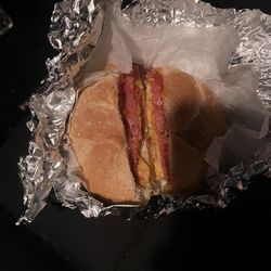 Flat Earther Food - Taylor Ham Egg and Cheese Salt Pepper Ketchup on a fresh round roll.