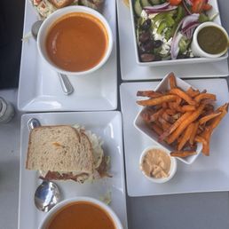Soup & Salad Pairing with a side of sweet potato fries and a Greek salad Soup & Salad Pairing with a side of sweet potato fries and a Greek salad