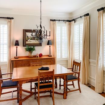 A Shade Above - Drapery and shutters are a timeless look for the dining room. - Shutters Near Me - Charlotte, North Carolina A Shade Above - Drapery and shutters are a timeless look for the dining room. - Shutters Near Me - Charlotte, North Carolina
