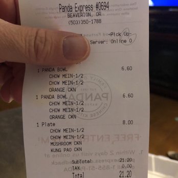 Panda Express - Receipt showing what I actually ordered. - Chinese Near Me - Beaverton, Oregon