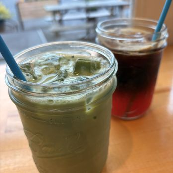 Living Room Coffee & Kitchen - Iced brown sugar matcha, sunset espresso (espresso + blood orange san pal) - Coffee & Tea Near Me - Maplewood, Missouri