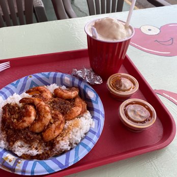Shrimp Shack - Spicy garlic shrimp (hot) with sides of homemade Lava hot sauce and a Kona Coffee Float. - Seafood Near Me - Hauula, Hawaii