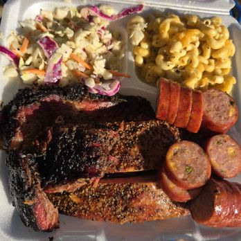 Tailgaters BBQ - 2 Meat plate with 2 sides. Moist Brisket, Ribs, Coleslaw and Mac & Cheese. Added Cheddar Jalapeño Sausage. - Food Trucks Near Me - Weatherford, Texas Tailgaters BBQ - 2 Meat plate with 2 sides. Moist Brisket, Ribs, Coleslaw and Mac & Cheese. Added Cheddar Jalapeño Sausage. - Food Trucks Near Me - Weatherford, Texas