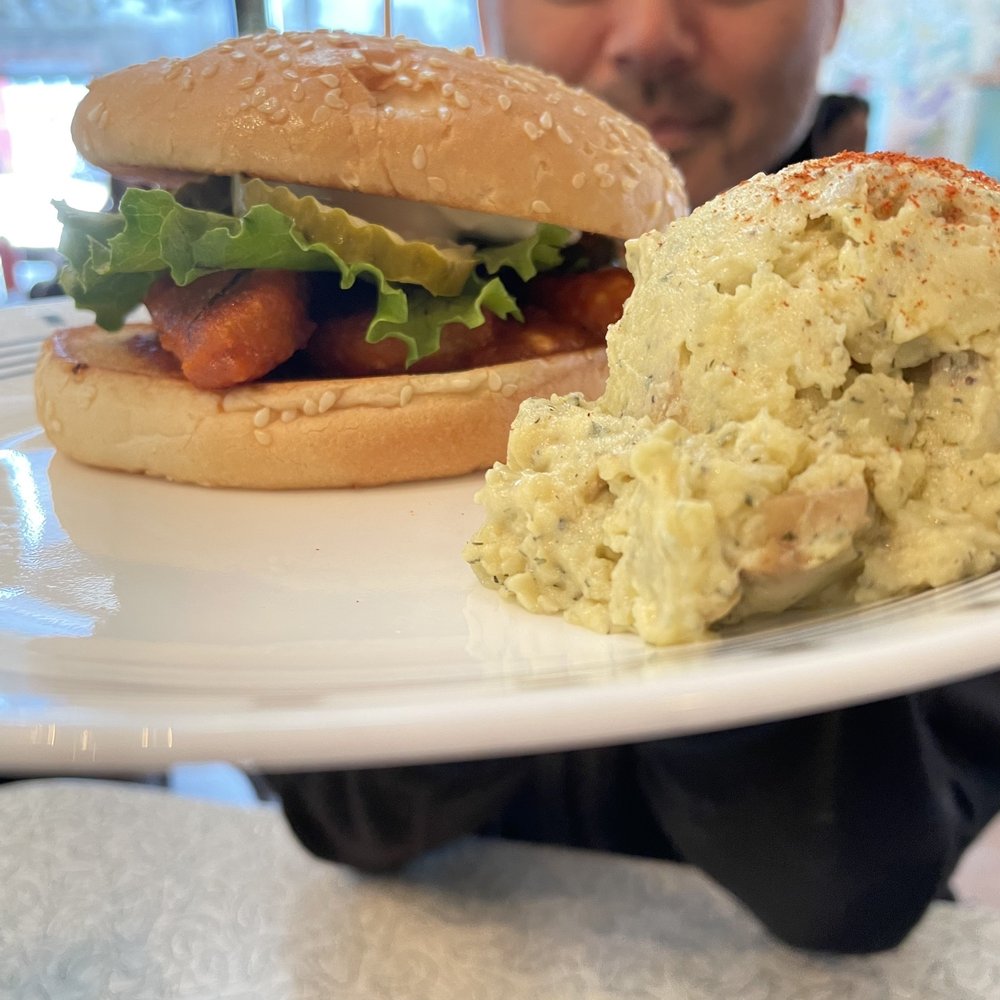 Spiral Diner & Bakery - Hot chicken sandwich w potato salad - Bakeries Near Me - Fort Worth, Texas Spiral Diner & Bakery - Hot chicken sandwich w potato salad - Bakeries Near Me - Fort Worth, Texas
