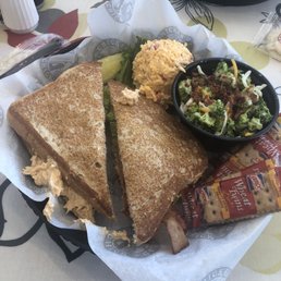 The Buffalo Barclay chicken BLT with scoop of Pimento cheese and side of Broccoli salad.