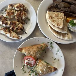 Chicken Souvlaki Skewers, Gyros, and Spanakopita (happy hour)