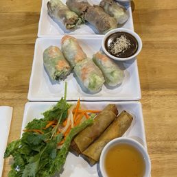 Appetizers:  Top: Chicken summer rolls Middle: Shrimp summer roll  Bottom: Spring Rolls