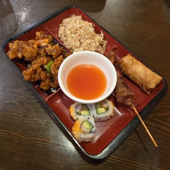 AM Asian Cuisine - #4 Bento Box. General Tso's Chicken ( 7/10 ) Fried Rice ( 6/10 ) Egg Roll (6/10 ) Chicken on a Stick ( 0/10 ) California Roll ( 6/10 ) - Sushi Bars Near Me - Mount Juliet, Tennessee AM Asian Cuisine - #4 Bento Box. General Tso's Chicken ( 7/10 ) Fried Rice ( 6/10 ) Egg Roll (6/10 ) Chicken on a Stick ( 0/10 ) California Roll ( 6/10 ) - Sushi Bars Near Me - Mount Juliet, Tennessee