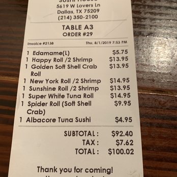 Sushi House - Receipt to see some of the prices - Sushi Bars Near Me - Dallas, Texas Sushi House - Receipt to see some of the prices - Sushi Bars Near Me - Dallas, Texas