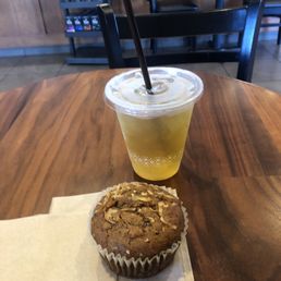 Small ice green tea and morning muffin to start the day.