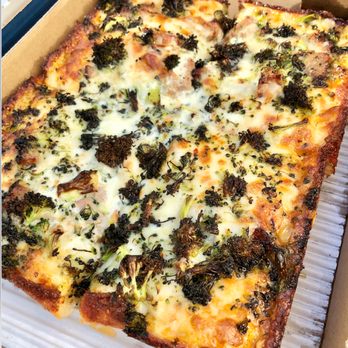 Square Pie Guys - Oakland - MEAN GREEN MACHINE - $20 - Garlic ricotta cream, Italian sausage, roasted broccoli, chile flake, mike's hot honey. - Pizza Near Me - Oakland, California Square Pie Guys - Oakland - MEAN GREEN MACHINE - $20 - Garlic ricotta cream, Italian sausage, roasted broccoli, chile flake, mike's hot honey. - Pizza Near Me - Oakland, California