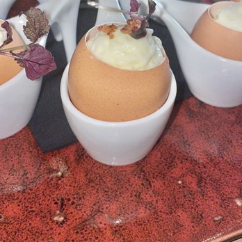 El Cielo - Truffle Egg Custard Pudding - Bacon, potato espuma, herb, truffle oil $8 (each) - Tapas Bars Near Me - Honolulu, Hawaii El Cielo - Truffle Egg Custard Pudding - Bacon, potato espuma, herb, truffle oil $8 (each) - Tapas Bars Near Me - Honolulu, Hawaii