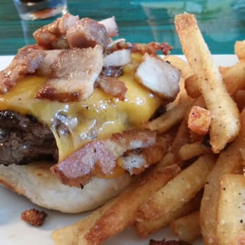 Loungin' Lizard - Bison Cheddar Burger with Pork Belly. So good! The fries are a must! - Cocktail Bars Near Me - Cortez, Colorado