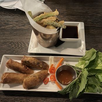 BiXi Beer - Course #1 Vietnamese Egg Rolls (bottom) "Fritto Misto" Tofu (top) - Asian Fusion Near Me - Chicago, Illinois