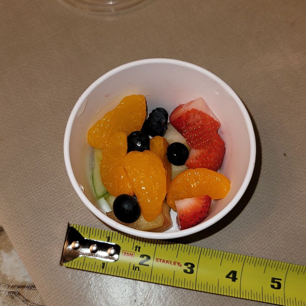 $3.29 for THIS!!!  This 'Bountious' not even half-full cup-o-fruit is AWFUL. There's not even a FULL slice of any 1 fruit.   SAD