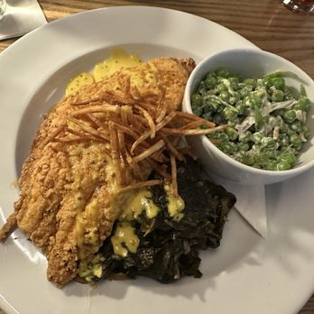 Chestnut - Fried Catfish, Collard Greens, Honey Mustard Glaze. I opted for the Bacon & Pea Salad as my side. Please order this! Amazing! - New American Near Me - Asheville, North Carolina Chestnut - Fried Catfish, Collard Greens, Honey Mustard Glaze. I opted for the Bacon & Pea Salad as my side. Please order this! Amazing! - New American Near Me - Asheville, North Carolina