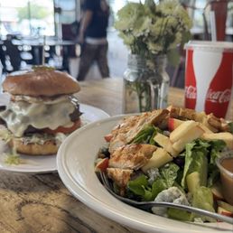 mushroom burger, chicken apple salad mushroom burger, chicken apple salad