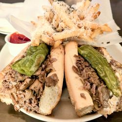 Bank & Bourbon - The Philly cheesesteak with spicy long hots. Perfection!