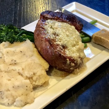 Prohibition Gastro Lounge - Filet mignon (ordered medium and cooked perfect) w. blue cheese butter, garlic mashed potatoes, and seasoned broccolini. - Gastropubs Near Me - Powell, Ohio Prohibition Gastro Lounge - Filet mignon (ordered medium and cooked perfect) w. blue cheese butter, garlic mashed potatoes, and seasoned broccolini. - Gastropubs Near Me - Powell, Ohio