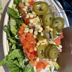DosBros Fresh Mexican Grill - Oak Ridge - Burrito bowl with chicken, brown rice, black beans. Pico, extra lettuce, corn salsa and topped with fresh jalapeños and guacamole