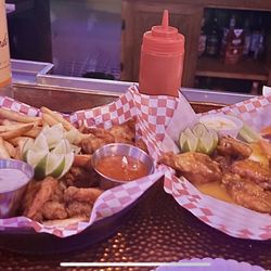 The Bar - Fried shrimp basket habanero hot wings (not dry like other places )