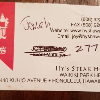 Hy's Steak House - Jonah's business card! - Steakhouses Near Me - Honolulu, Hawaii Hy's Steak House - Jonah's business card! - Steakhouses Near Me - Honolulu, Hawaii