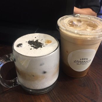 Cafe Blue - Iced black sesame latte and iced caramel macchiato - Coffee Roasteries Near Me - Duluth, Georgia