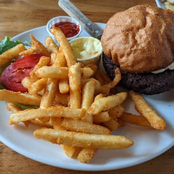 The Observatory - Quinoa-Mushroom Veggie Burger with fries. - New American Near Me - Portland, Oregon The Observatory - Quinoa-Mushroom Veggie Burger with fries. - New American Near Me - Portland, Oregon