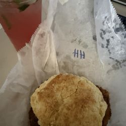 Hot honey chicken biscuit and watermelon mint cucumber coconut water